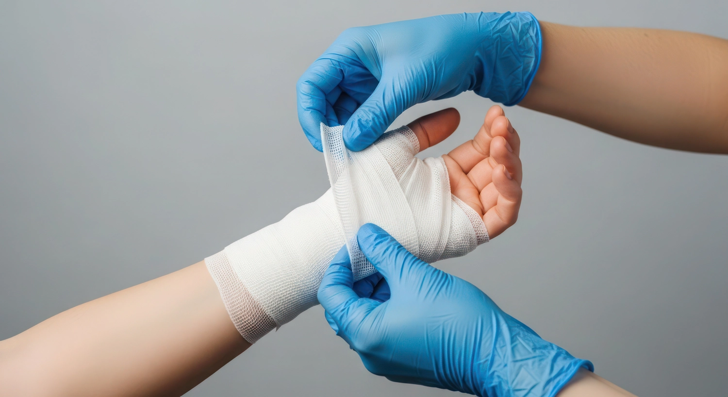 Pflegedienst Niva GmbH - Pflegedienstleistungen rund ums Alter - Ein Sanitäter verbindet das verletzte Handgelenk eines Patienten und leistet so mit behandschuhten Händen medizinische Versorgung.